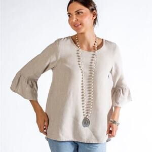 Crown Linen Designs Beige Bella Ruffle Sleeve Round Neck Top